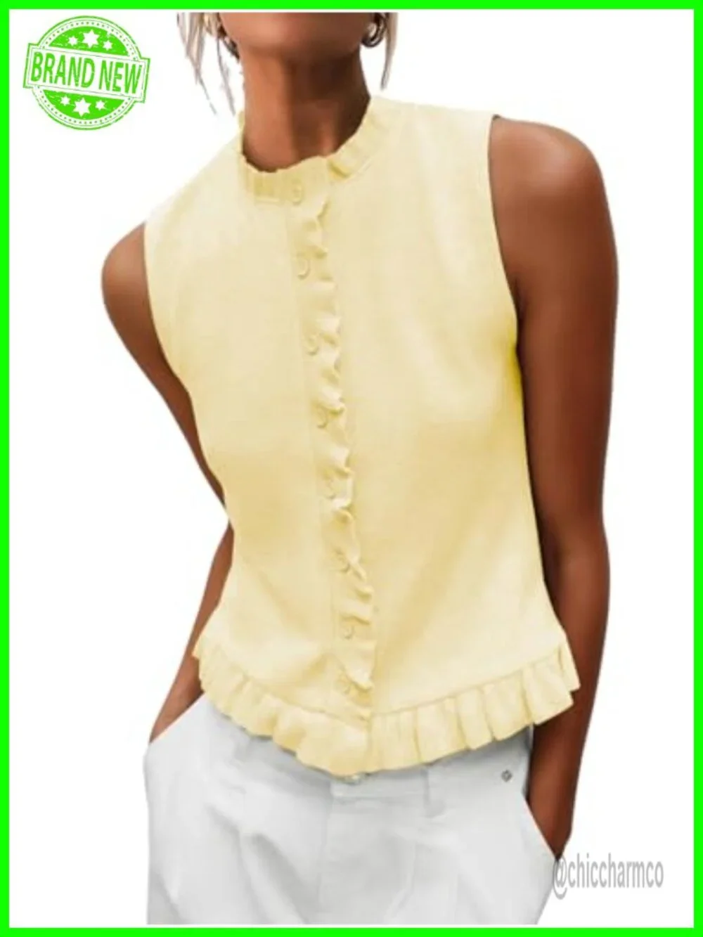 Sleeveless Sweater Vest Mock Neck Button Down Ruffle Trim Tank Top Summer Going